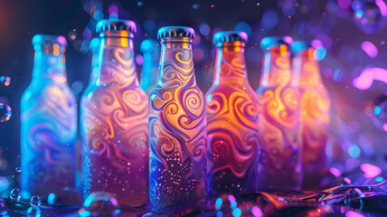 Six bottles with glowing graffiti-style designs under neon lights.