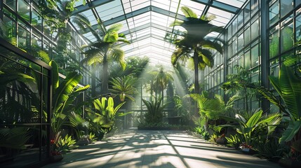 Interior large modern green house with angled glass roof with trees and palms and jungle inside inside. Generative AI. - Powered by Adobe