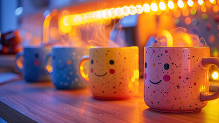 Four colorful mugs with smiling faces and steam, under warm lighting.