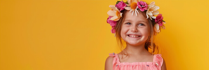 Fototapeta premium Portrait of a little girl with a wreath of flowers on her head on a yellow background