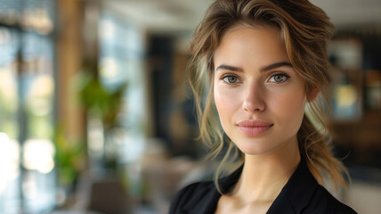 Fototapeta premium Young woman smiling, modern office in the background.