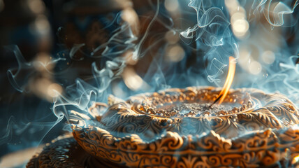 Elegant incense stick burning with swirling smoke in ornate holder