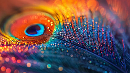 Close-up of a colorful peacock feather with prominent details and dew drops.