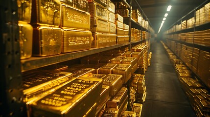 Stacks of gold bars neatly arranged inside a secure vault, their weight palpable.