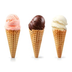 Chocolate, vanilla and strawberry Ice Cream. Set of various ice cream scoops in waffle cones isolated on white background