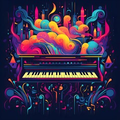 an abstract image of a grand piano that is colorful and bright. Abstract colorful piano keyboard keys as wallpaper background illustration