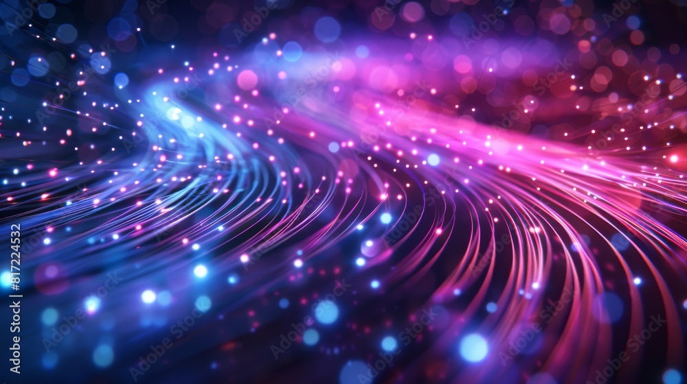 Poster abstract futuristic background with blue and purple light rays, fiber optic cables glowing in the da