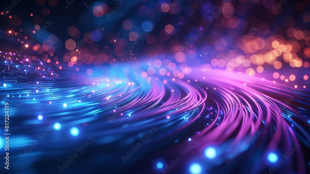 Poster abstract futuristic background with blue and purple light rays, fiber optic cables glowing in the da
