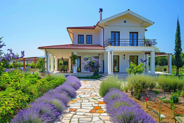 Luxury house in soft lavender with a stone pathway and flourishing garden, summer suburbia, front...