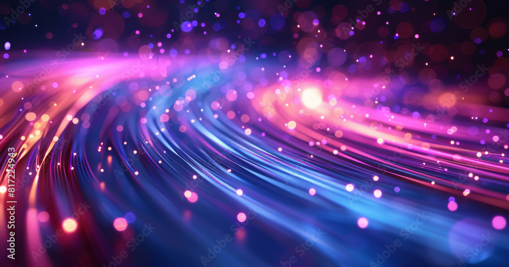 Poster abstract futuristic background with blue and purple light rays, fiber optic cables glowing in the da