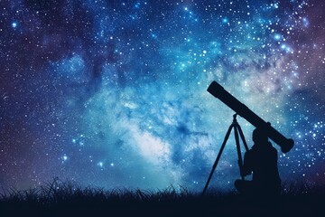 Curiosity and Knowledge: Night Scene of Person Stargazing with Telescope Under Starry Sky