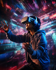 A person using a virtual reality (VR) headset, immersed in a virtual world experience