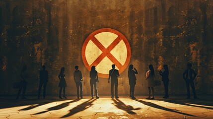 People depicted standing in front of a forbidden symbol against a brown background.
