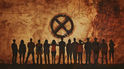 People depicted standing in front of a forbidden symbol against a brown background.