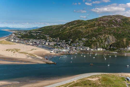 Helicopter aerial views of Barmouth town, Eryri(Snowden)National Park, North Wales 
