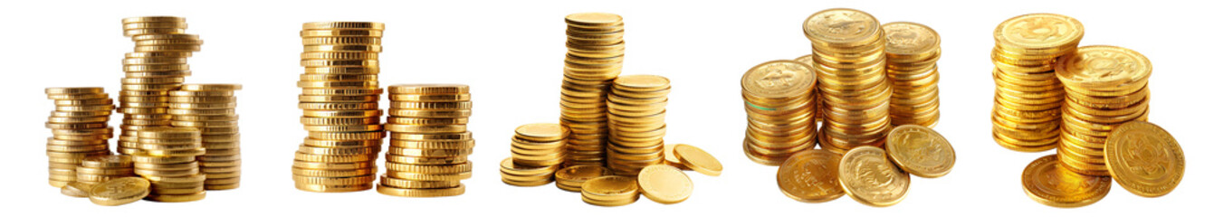 Set of stacked gold blank metal coins collection isolated on transparent background