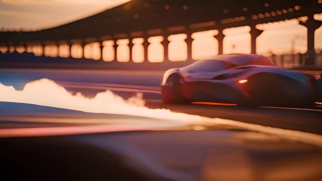 Black Sports Car Racing on Track at Sunset Generative AI