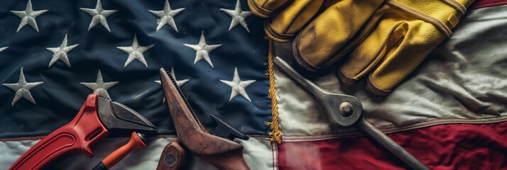 A worn American flag backdrop with leather gloves and rusty tools signifying hard work and patriotism - Powered by Adobe