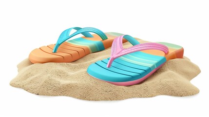 Realistic vector illustration of beach flip flops placed in sand, isolated on a white background, symbolizing summer vacation, holiday, and beach relaxation.