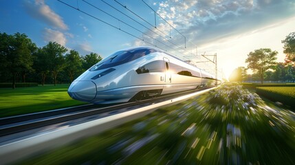 Obraz premium Modern High-Speed Train Gliding Through Countryside at Sunrise - Transportation Technology and Design for Poster or Print