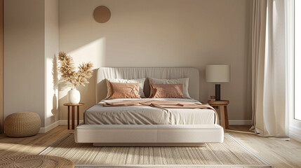Scandinavian minimalist bedroom with a simple double bed, neutral colors, and a light birch wooden floor.