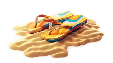 Realistic vector illustration of beach flip flops placed in sand, isolated on a white background, symbolizing summer vacation, holiday, and beach relaxation.