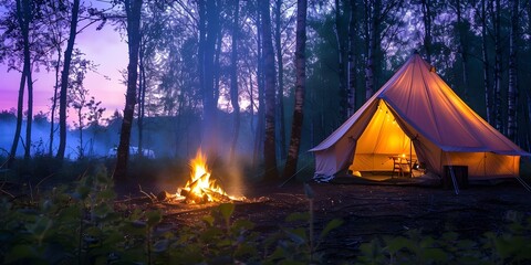 Luxury Camping Experience in Forest with Bonfire, Trees, and Bell Tent Lighting. Concept Luxury Camping, Forest Setting, Bonfire, Bell Tent Lighting, Outdoor Adventure