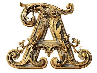 A, old English lettering in gold fine relief on white background