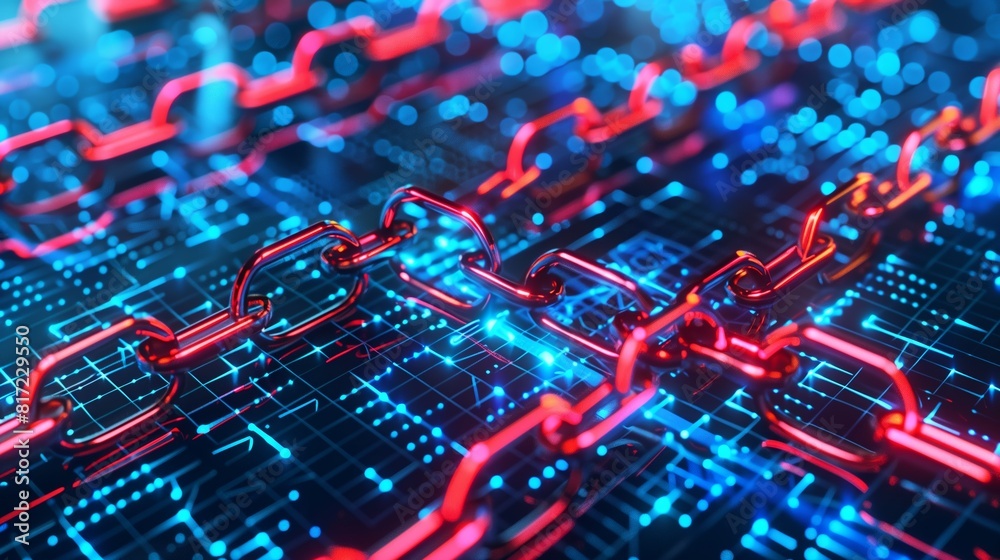 Poster graphic: blockchain - interlinked blocks show security and transparency in fintech.