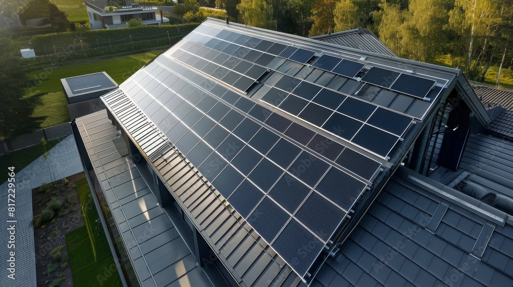 Poster a roof with black solar panel from bird perspective. generative ai.