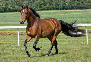 Obraz premium Light brown shining horse galloping to right direction on field in summer day. Blue sky with forest on background.
