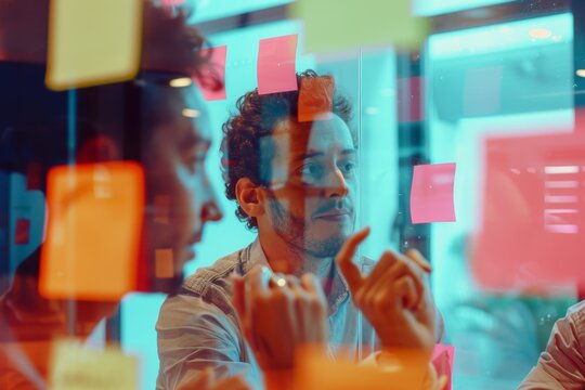 Creative Agency Brainstorming Session with Sticky Notes on Glass Walls, Diverse Team Members Discussing Ideas