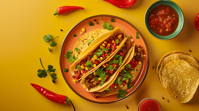 Culinaria mexicana: Um delicioso prato com nachos em cima de uma mesa amarela. Vista superior.