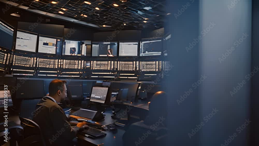 Poster two men operating multiple monitors in control room generative ai