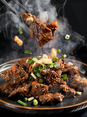 Bulgogi beef bowl ground beef. Korean food bulgogi bbq steak grilled menu close up. Asian stir fry beef. chinese beef stir fry recipe. 
Korean bulgogi beef stir fry with chopsticks. 