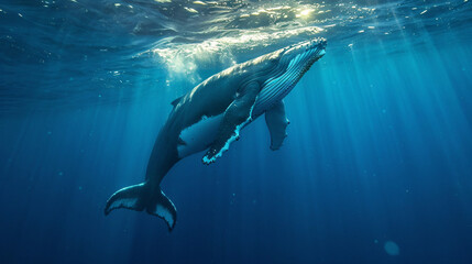 Fototapeta premium whale swimming underwater. The majestic creature glides through the deep blue sea, illuminated by sunlight streaming from above..