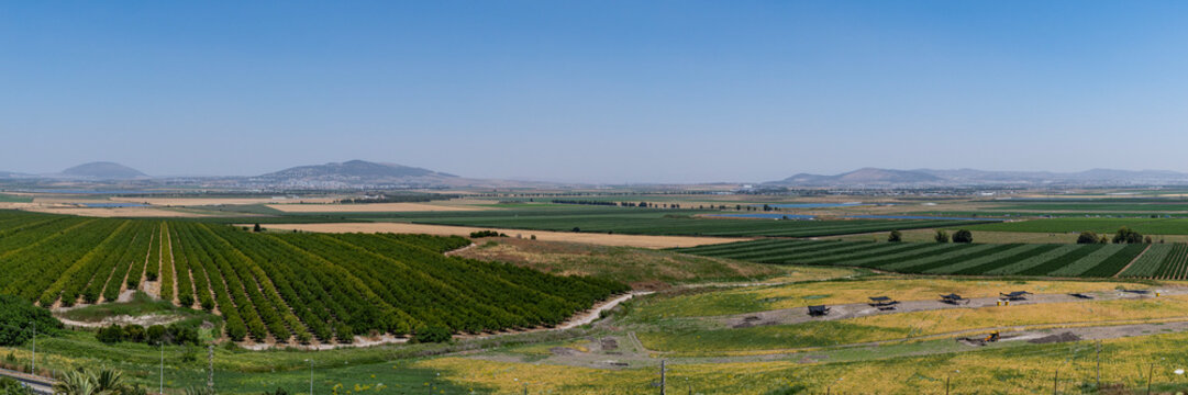 The panoramic view from Tel Megiddo Nation Park of the Jezreel Valley in northern Israel.
