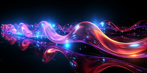 A series of luminous neon waves in shades of purple and electric blue against a dark backdrop create a stunning visual effect. Abstract neon background. High quality illustration