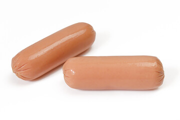 Two uncooked raw chicken meat hot dog wieners isolated on white background