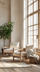 Two wooden armchairs with white cushions sit in front of a large window