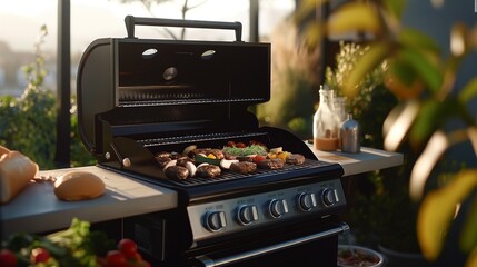A backyard barbecue with AI-enhanced grilling equipment, optimizing cooking times and temperatures for the perfect outdoor feast. 32k, full ultra HD, high resolution