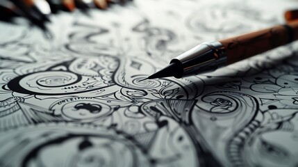 A close-up of a pen resting on a piece of paper with a detailed drawing. - Powered by Adobe