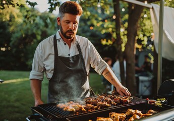 Fototapeta premium man frying meat on barbecue grill outdoors