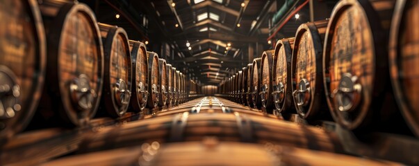 Fototapeta premium Beautifully arranged wooden barrels in a cellar, used for aging alcohol