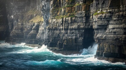 A dramatic coastal cliff face battered by waves, with a hidden cove nestled at its base, accessible...
