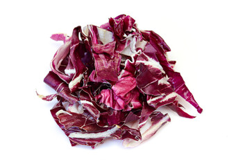 Pile of fresh sliced red chicory isolated on white background. Radicchio chopped salad