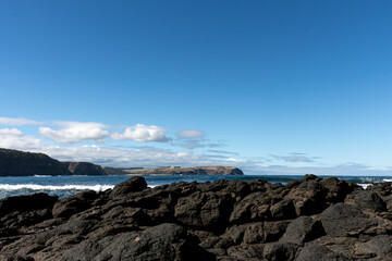 Basalt rock in front of the sea 