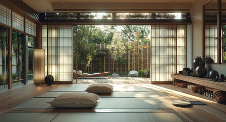 A modern Japanese-inspired home with a beautifully designed, multi-purpose home gym or wellness space that promotes a holistic lifestyle. Generative AI.