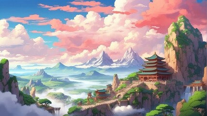 Illustration of game art, ancient city in the mountains