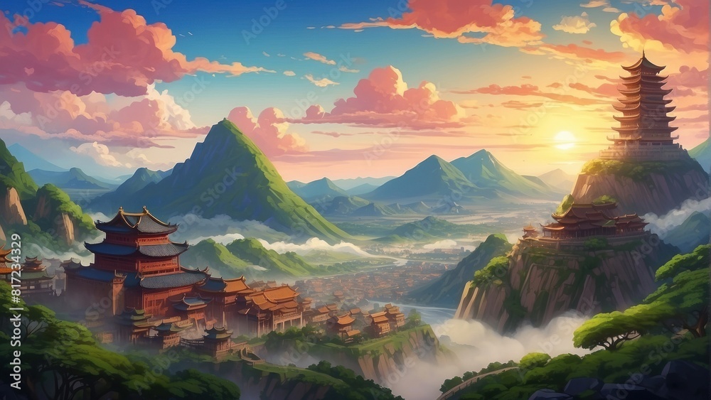 Wall mural Illustration of game art, ancient city in the mountains